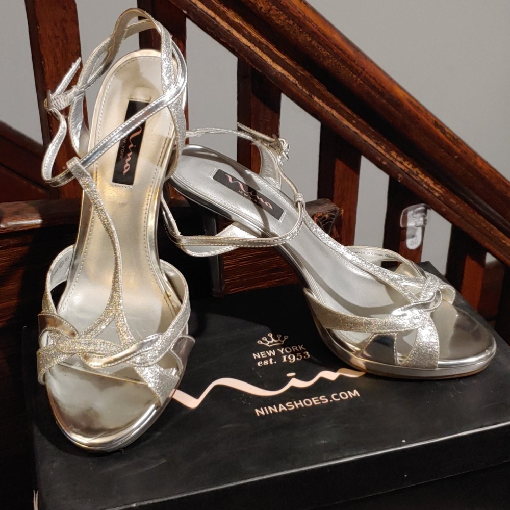 Nina Reilly Silver T-Strap Heels